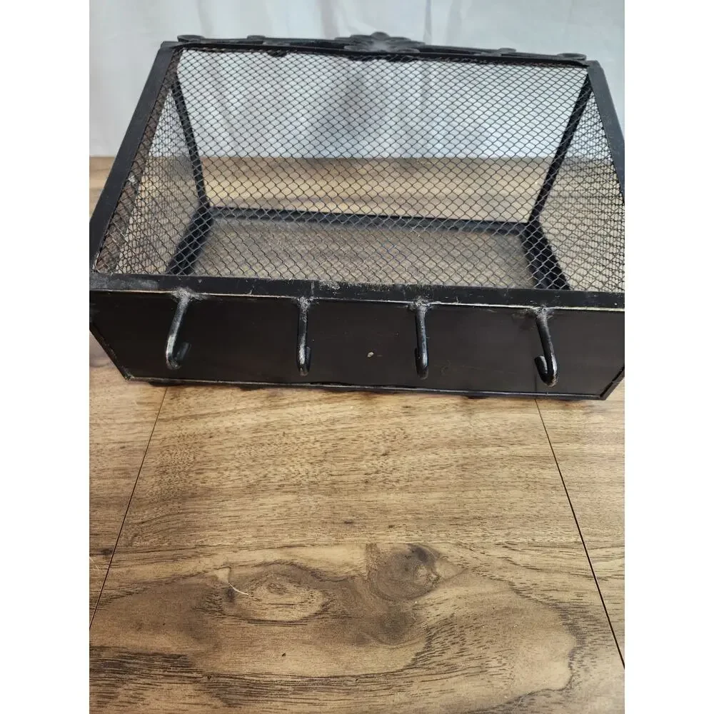 Vintage Black Hanging Wall Basket Storage Wrought Iron (?) Hooks Entry Way...